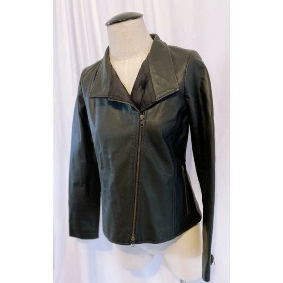Eileen Fisher Black Genuine Leather Moto Jacket - Picture 1 of 8